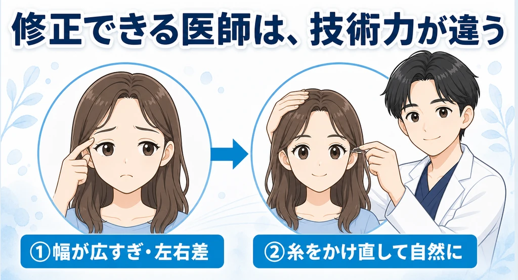 幅が広すぎて左右差のある二重を、医師が糸をかけ直して自然な二重に修正する様子