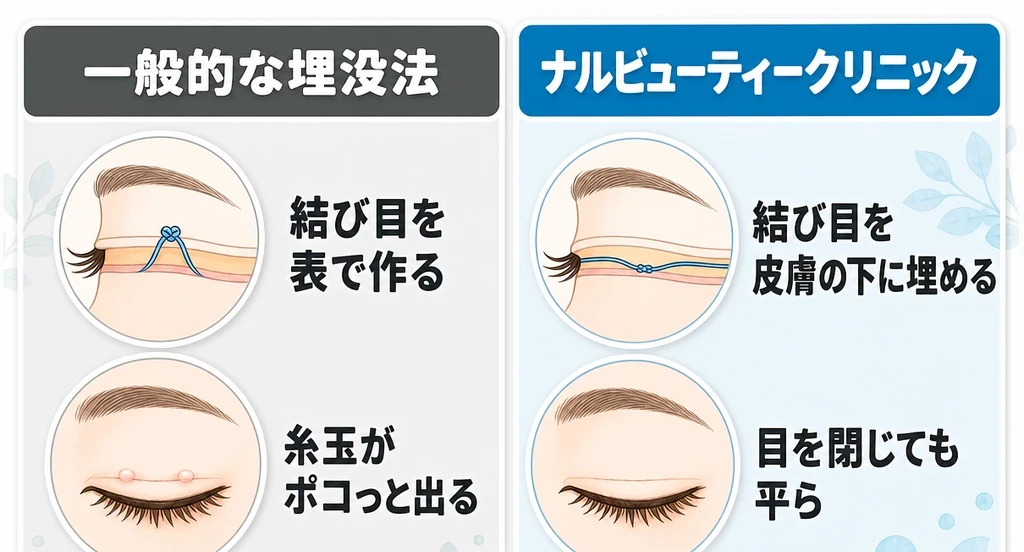 同じ二重埋没法の留め方を左右で比べた図