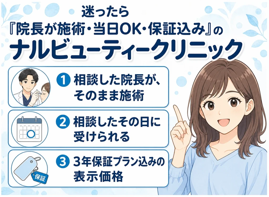 迷ったら院長が施術・当日OK・保証込みのナルビューティークリニック